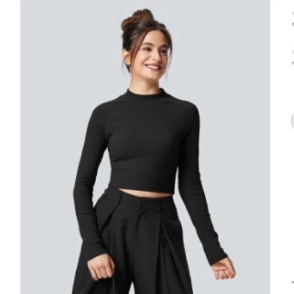 Halara SoftlyZero Ribbed Mock Neck Long Sleeve Cropped Top Sz L new